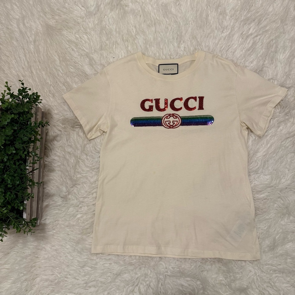 Gucci Sequin Rainbow T-Shirt Cream